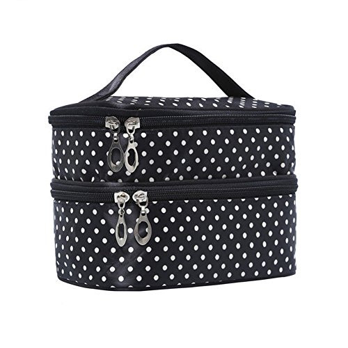Anniston Cosmetic Bag, Travel Cosmetic Polka Dot Double Layers Makeup Toiletry Organizer Storage Bag Travel Makeup Bag Toiletry Bags Cosmetic Case Makeup Organizer Black
