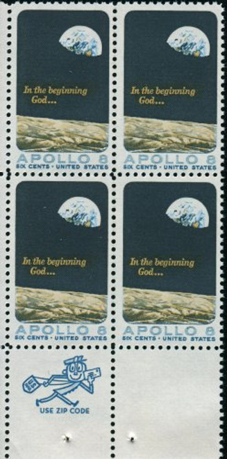 APOLLO 8 ~ FIRST HUMAN SPACE FLIGHT 1371 ZIP CODE BLOCK OF 4 X 6 US Postage Stamps