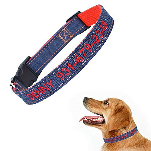 Graceful life Personalized Jeans Dog Collar,Custom Embroidered with Pet Name Number Collar for Small, Medium and Large Dog