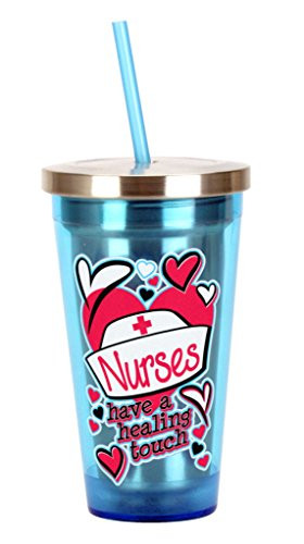 Spoontiques Nurse Stainless Steel Cup with Straw, Blue