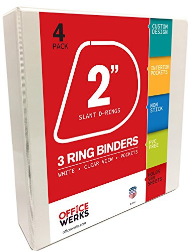 3 Ring Binders, 2 Inch Slant-D Rings, White, 4 Pack,  Clear View, Pockets