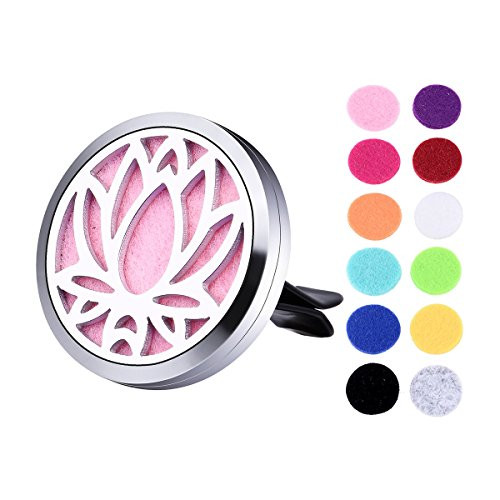 VALYRIA Stainless Steel Lotus Flower Car Air Freshener Aromatherapy Essential Oil Diffuser Locket with Vent Clip 38mm Dia.