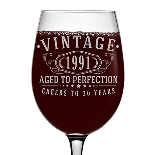 Vintage 1991 Etched 16oz Stemmed Wine Glass - 30th Birthday Aged to Perfection - 30 years old gifts