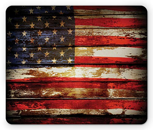 Ambesonne American Flag Mouse Pad, Us Over Old Rusty Tones Weathered Vintage Social Plank Artwork, Rectangle Non-Slip Rubber Mousepad, Standard Size, Red Blue