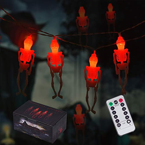 Skeleton Skull Lights, Halloween Skull Lights Decorations, 15-LED Battery Operated Halloween Party Lights for Indoor  and  Outdoor Red