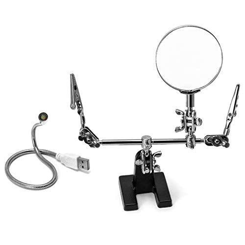 QWORK Helping Hand Magnifier Glass Stand, 5x Magnifying Lens, With LED Flashlight and Dual Adjustable Alligator Clips for Crafting and Micro Objects QWORK Helping Hand Magnifier Glass Stand, 5x Magnifying Lens, With LED Flashlight and Dual Adjustable Alligator Clips for Crafting and Micro Objects