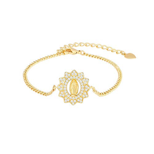 Our Lady of Guadalupe Cuban Chain Bracelet 18K Gold Plated Charm With Cubic Zirconia Virgin Mary Jewelry