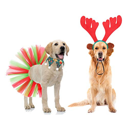 Dog Christmas Costume - Xmas Reindeer Headband and Collar Scarf, Cute Christmas Party Accessories Pet Costume Headwear Set for Dogs  and  Cats
