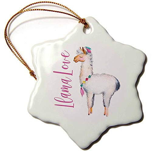 3dRose Cute Watercolor Words Llama Love Snowflake Ornament, 3",