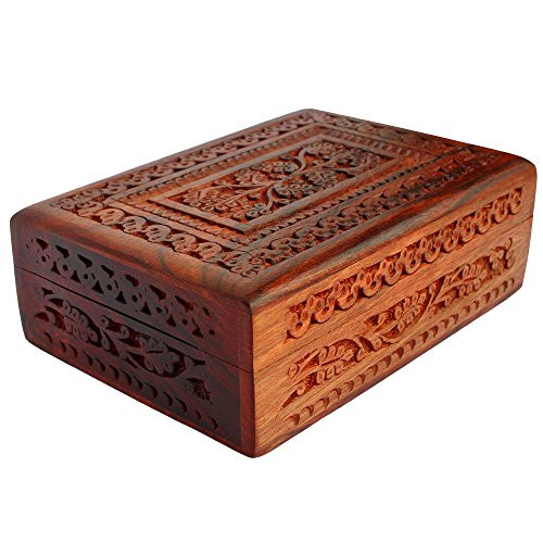 ITOS365 Handmade Wooden Keepsake Storage Case Jewelry Box Jewel Organizer - Floral Hand Carvings with Brass Inlay - Gifts for Women, 7 x 5 Inches ITOS365 Handmade Wooden Keepsake Storage Case Jewelry Box Jewel Organizer - Floral Hand Carvings with Brass Inlay - Gifts for Women, 7 x 5 Inches