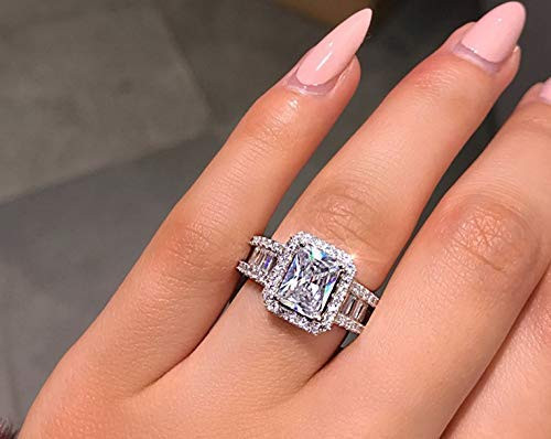Xiaodou 925 Sterling Silver Engagement Wedding Ring Princess Cut Cubic Zirconia Ring Cubic Zirconia Simulated Diamond Wedding Engagement Ring 6