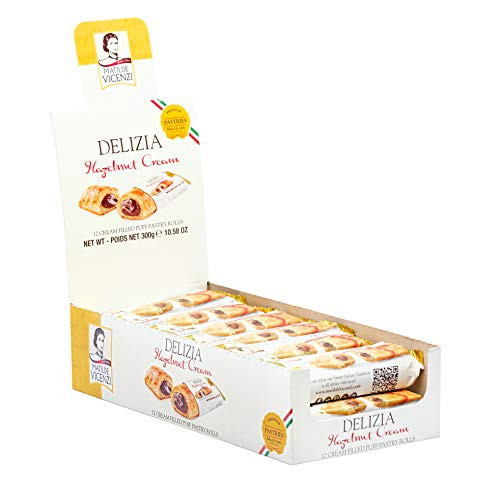 Delizia Hazelnut Cream by Matilde Vicenzi  12 Individually Wrapped Cream Filled Puff Pastry Patisserie Rolls  10.58oz 300g Display Box  All-Natural, Kosher, Dairy  Made in Italy