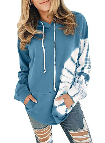 Eytino Women Hoodie Sweatshirts Casual Tie Dye Printed Long Sleeve Drawstring Pocket Pullover Tops,Small Blue
