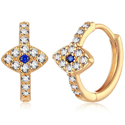 Mevecco Blue Evil Eye Huggie Hoop Earrings,14K Gold Plated Cubic Zirconia White Solitaire CZ Hoop Earrings for Women 