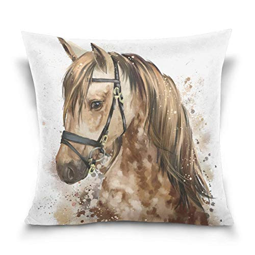 FJPT Throw Pillow Cover Watercolor Brown Horse Head Cotton Pillowslip for Sofa Bed Stand Size Pillowcase 18x18 Inch