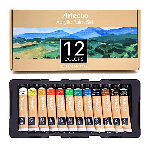 Artecho Acrylic Paint Set for Art, 12 Colors 0.74 Ounce/22ml, Acrylic Paint Supplies for Wood, Fabric, Crafts, Canvas, Leather and Stone