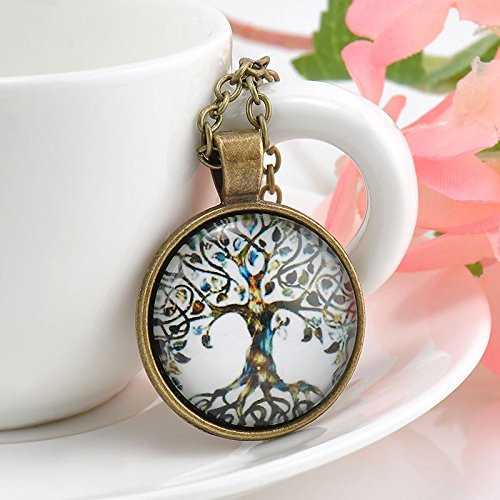Ransopakul Vintage Retro Living Tree of Life Cabochon Bronze Glass Chain Pendant Necklace