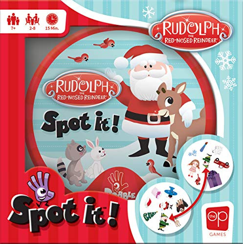 USAOPOLY Spot It Rudolph  Fun Card Game for Kids and Adults  Featuring Rudolph, Santa Claus, Yukon Cornelius, Bumbles and More  Licensed Rudolph The Red Nosed Reindeer Game