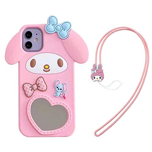 CaserBay for iPhone 11 Case, 6.1-Inch, 3D Cute Kawaii Cartoon Animal Character Soft Silicone Shockproof Rubber Case with Lanyard for Women Girl, Heart Mirror Melody