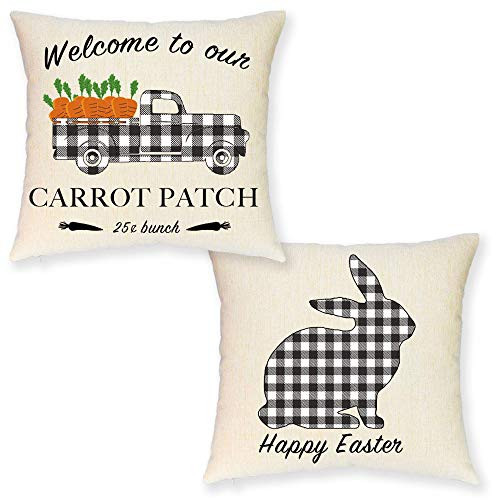 JYNHOOR Set of 2 Easter Throw Pillow Covers Farmhouse Buffalo Plaid Bunny/Rabbit Carrot Truck Decorative Pillow Cover for Easter Decor-Cushion Cover Decoration,18x18 inches