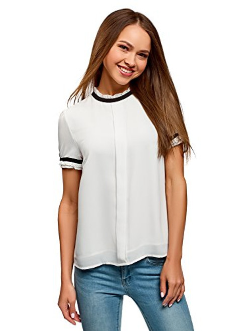 oodji Ultra Women's Flowing Blouse with Contrast Details, White, 10