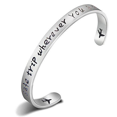 ENSIANTH Safe Travels Bracelet Pilot Gift Airplane Cuff Bracelet Traveling Bracelet Aviation Jewelry Flight Attendant Gift Silver