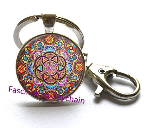 Fashion Keychain,Mandala Keychains Chakra Key Ring OM Jewelry for Women Glass cabochon Key Rings Zen Gifts Jewellery Vintage,AE0041