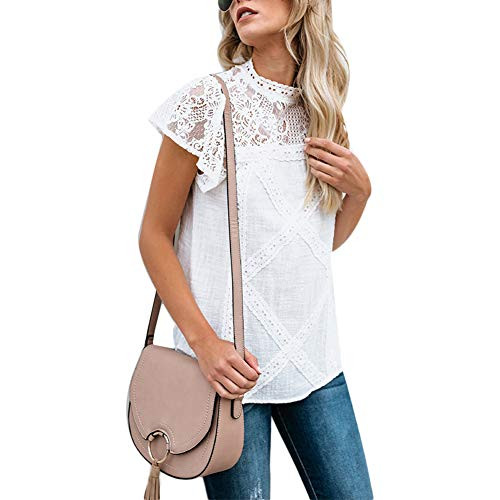 Topbeu T-Shirt Women Lace Patchwork Flare Ruffles Short Sleeve Tops Cute Floral Shirt Blouse Top White, Tag MUS 6-8