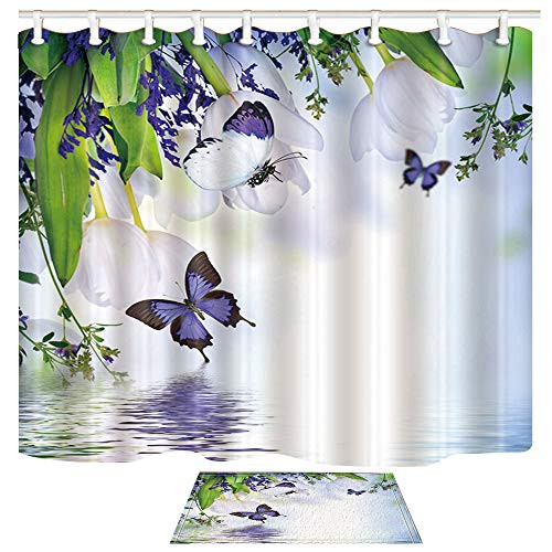ChuaMi Floral Shower Curtain Set, White Tulip, Green Leaves and Purple Butterflies on The Water, Bathroom Fabric 70 x 82 Inches Decor with Hooks, Mildew Resistant Waterproof with 40 x 60cm Bath Rug