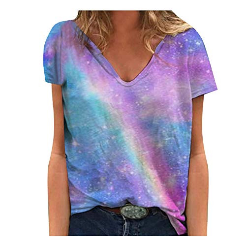 Women Tie Dye Crewneck Sweatshirt Colorblock Printed Pullover Tops Casual Short Sleeve Loose Blouse White