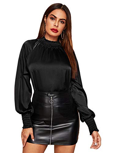 Romwe Women's Elegant Printed Stand Collar Long Sleeve Workwear Blouse Top Shirts Black S