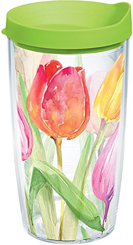 Tervis 1169187 Tea For Tulips Tumbler with Wrap and Lime Green Lid 16oz, Clear