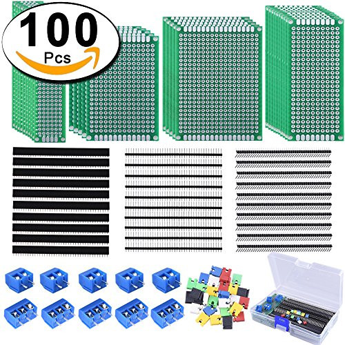 AUSTOR 100 Pcs PCB Board Kit including 30 Pcs Double Sided Prototype Boards and 30 Pcs 40 Pin 2.54mm Male and Female Header Connector(Bonus: 10 Pcs 2P&3P Screw Terminal Blocks and 30 Pcs Jumper Caps)