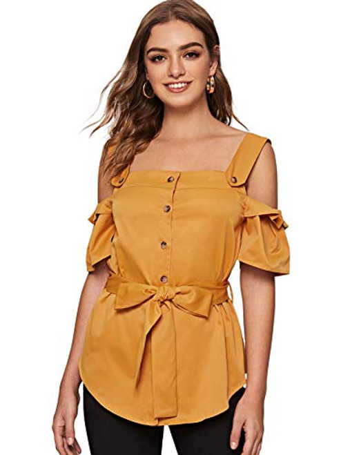 Milumia Women's Belted Blouse Cold Shoulder Button Front Plain Casual Tunic Top Yellow X-Small