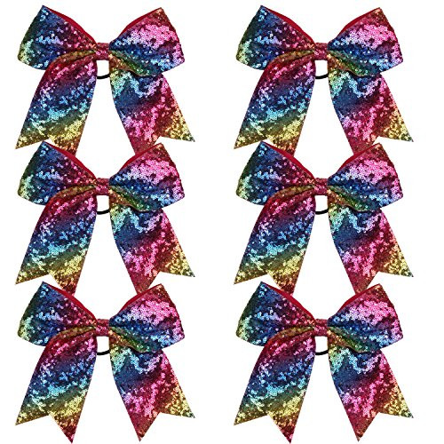 Metallic Sequin and Holographic 8 Inch Cheer Bow Cheerleader Cheerleading Jumbo Cheer Bow Hair Tie Rainbow Sequin