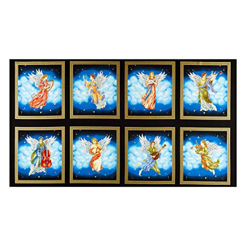 Henry Glass Metallic Silent Night Angel Blocks 24in Panel Midnight Quilt Fabric