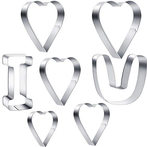 7 Pieces Cookie Cutter Set Heart Cookie Cutters Valentines Day Biscuit Cutters, I LOVE U Cookie Cutter for Valentines Day Wedding Anniversary Cake Decoration Silver