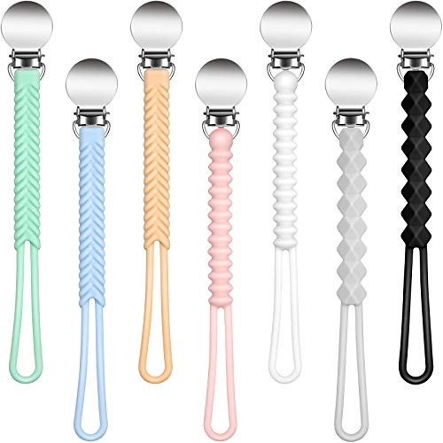 Nuanchu 7 Pieces Pacifier Clip Silicone Pacifier Strap with Clip Babies Pacifier Clips Silicone Teether Clip Pacifier Holder for Baby Boys Girls Mixed Color