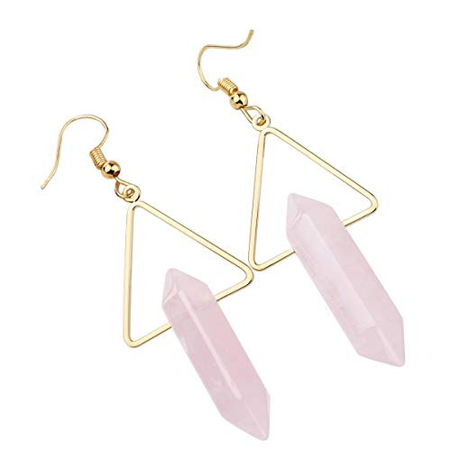 Nupuyai Rose Quartz Stone Dangle Drop Earrings for Women, Hexagonal Double Points Healing Crystal Quartz Gold Plated Triangle Earrings with Hook