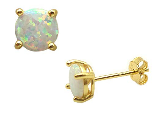 Gold Plating Sterling Silver White Fire Opal Stud Earrings for Women Girl 6MM Faux Round Gemstone Gold Plating Sterling Silver White Fire Opal Stud Earrings for Women Girl 6MM Faux Round Gemstone