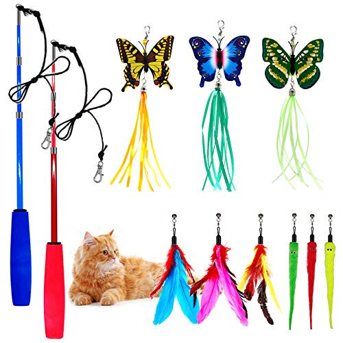 OODOSI 11 PCS Retractable Cat Feather Toy Set, Interactive Cat Toys Wand with 2 Poles  and  9 Attachments Worm Feathers, Cat Feather Teaser Wand Toy for Kitten Cat