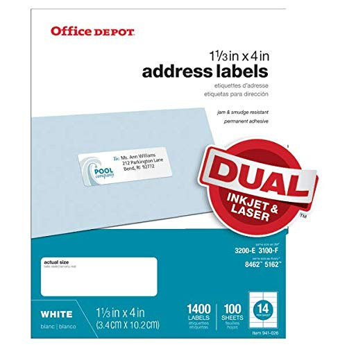 Office Depot White Inkjet/Laser Address Labels, 1 1/3in. x 4in, Pack of 1,400, 505-O004-0019