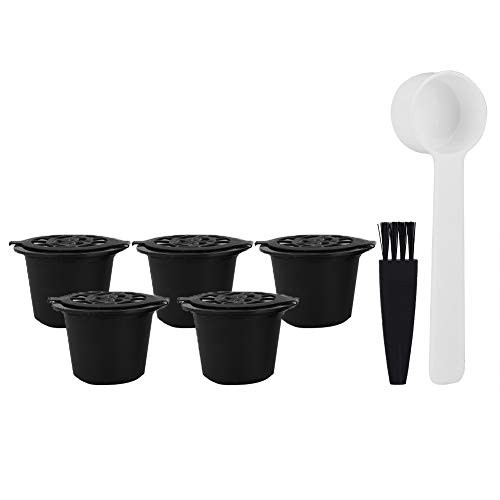 Fockety Plastic and Stainless Steel with Spoon Brush Coffee Capsule Pods, 5Pcs/Set Durable Coffee Pod, Refillable Reusable for Coffee Lovers Good Filtration