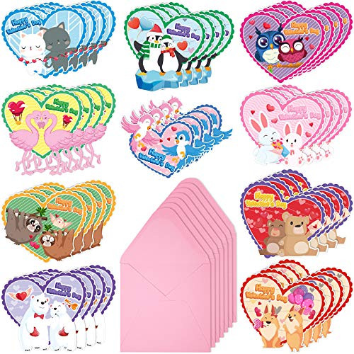 40 Pieces Valentine's Day Cards for Kids Lovely Valentines Greeting Cards with Envelopes Heart Shaped Anniversary Cards for Classroom Boys Girls, 10 Designs
