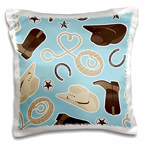 3dRose pc_192881_1 Cute Cowboy Theme Pattern Blue and Brown-Pillow Case, 16 by 16inch