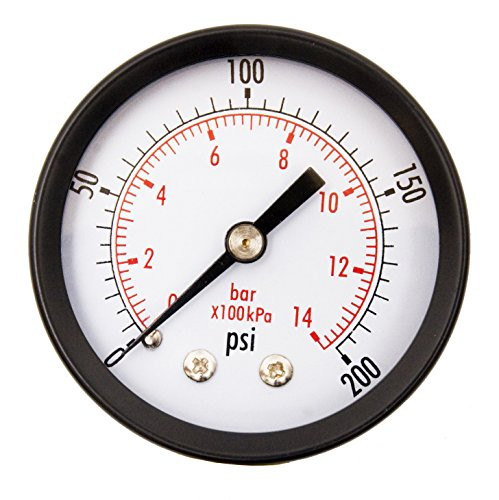 DuraChoice 2inch  Dial Utility Pressure Gauge, Water Oil Gas, 1/4inch  NPT Center Back Mount, Black Steel Case, 0-200 PSI