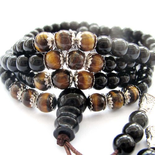 OVALBUY 108 6mm Black Glass and Tiger Eye Beads Tibetan Buddhist Prayer Mala Necklace or Wrist Mala