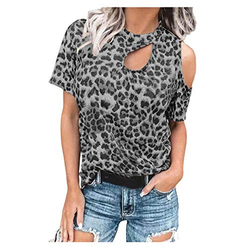 Women's Leopard T-Shirt Casual Cold Shoulder Tunic Hollow Out Short Sleeve Tops Loose Blouse Shirts Gray Women's Leopard T-Shirt Casual Cold Shoulder Tunic Hollow Out Short Sleeve Tops Loose Blouse Shirts Gray