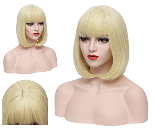 PATTNIUM Short Blonde Bob Wig with Bangs for Women Rose Net Synthetic Wig Cosplay Halloween Party Wigs Blonde PATTNIUM Short Blonde Bob Wig with Bangs for Women Rose Net Synthetic Wig Cosplay Halloween Party Wigs Blonde