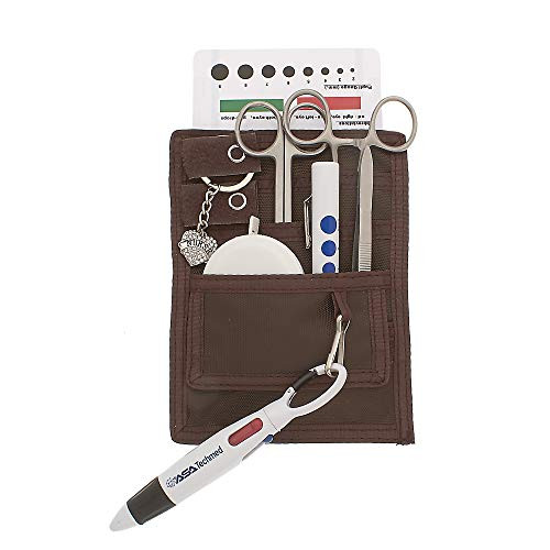 4 Pockets Nurse Organizer Pouch w/Stainless Silver plus  White Tools - Medical Instrument Organizer with Lister Scissors, LED Penlight, Eye Chart, Chart Pen plus  More - AsaTechmed Brown